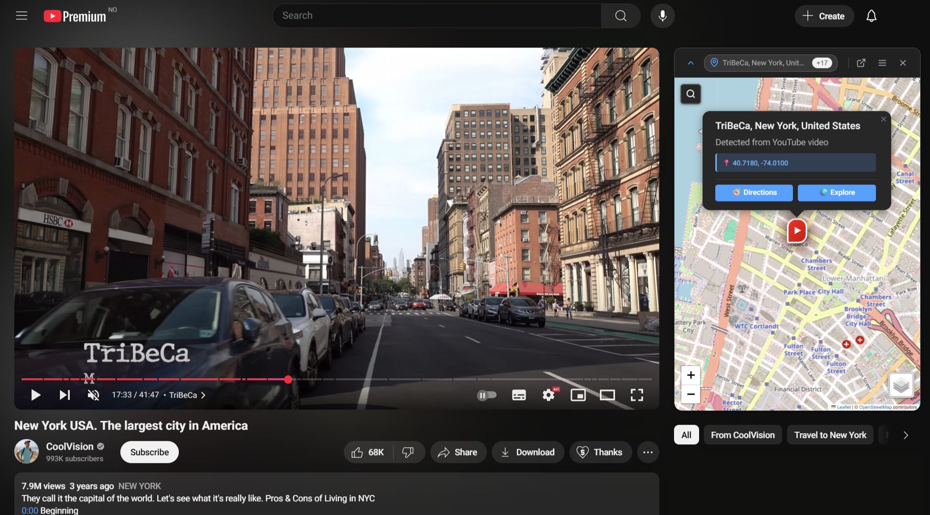 Toobmap browser extension showing an interactive map beside a YouTube video